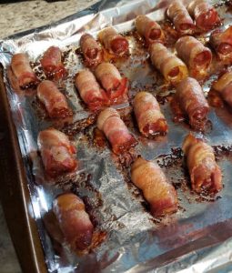 bacon wrapped weenies fresh out of the oven