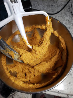 Keto pumpkin spice cake batter mixed and ready to pour into baking dish!